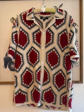 Woman Crochet Button-Down Shirt - Red & Cream